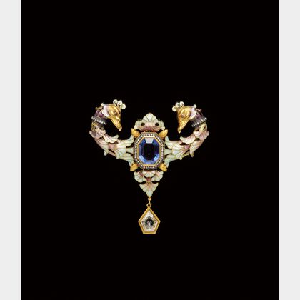 Renaissance Revival Sapphire, Diamond, and Enamel Brooch, Gustave Espinasse