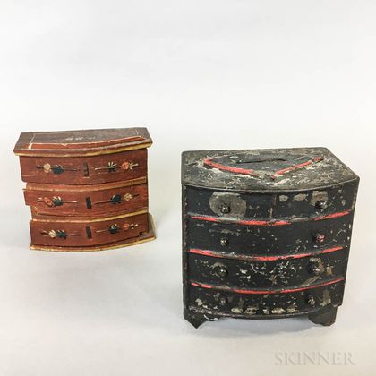 Two Miniature Painted Tin and Wood Chests of Drawers