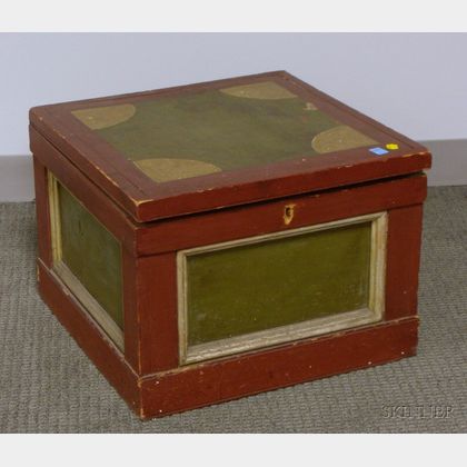 Polychrome Painted Wood Lift-top Storage Box with Paneled Sides