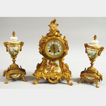 Waterbury Louis XV-style Gilt-metal and Transfer-decorated Porcelain Mantel Clock with a Pair of Similar Gilt-metal and Hand-painted...