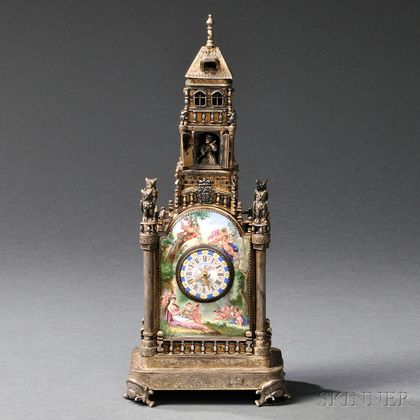 Viennese Silver and Enamel Tower-form Clock