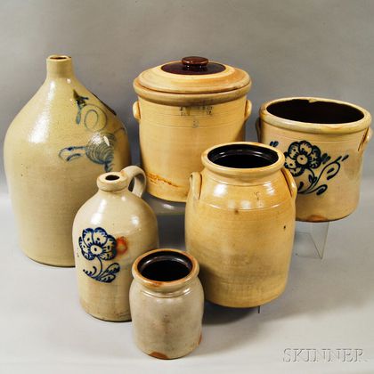 Six Mostly Cobalt-decorated Stoneware Items
