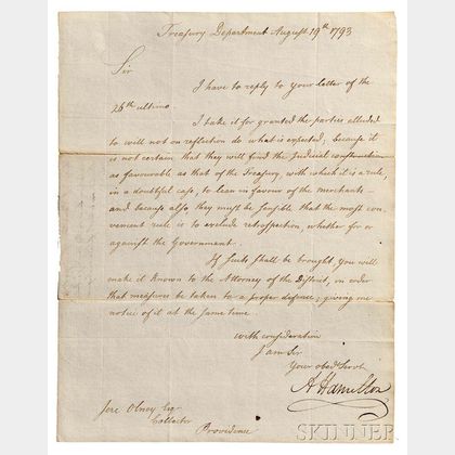 Hamilton, Alexander (1755-1804) Letter Signed, Treasury Department, Philadelphia, 19 August 1793.