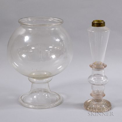 Colorless Blown Glass Oil Lamp and a Fish Bowl