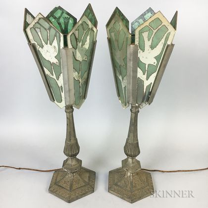 Pair of Reverse-painted Glass "Dove" Lamps