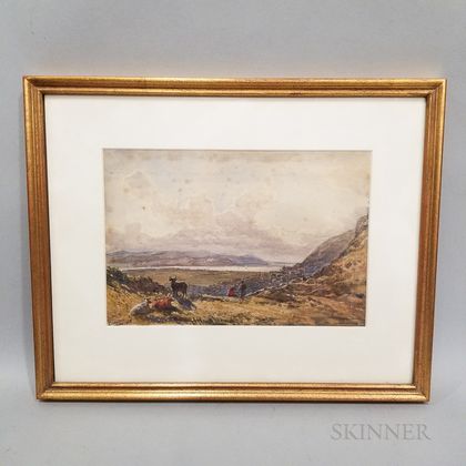 Framed English School Watercolor Landscape with Cattle
