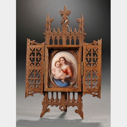 Painted Porcelain Plaque of the Madonna and Child in a Wood Case