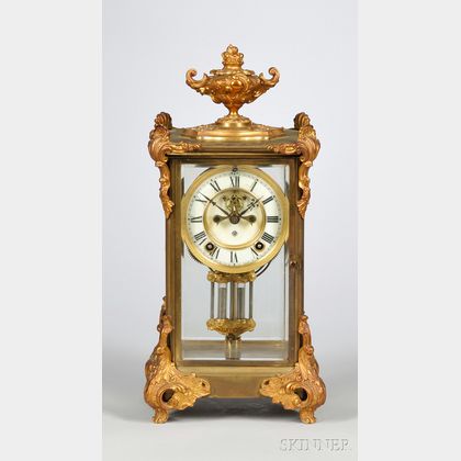 Ansonia French Rococo-style Gilt-brass and Glass Chiming Mantel Clock