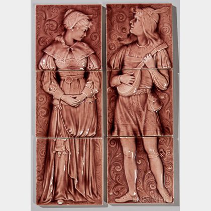 Two American Encaustic Tile Co. Three-part Pottery Tile Panels of a Man and Woman 