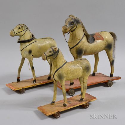 Three Painted Papier-mache Horse Pull-toys