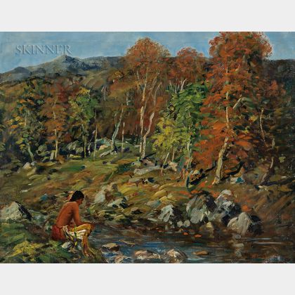 Arthur Clifton Goodwin (American, 1866-1929) Landscape with Indian by a Stream