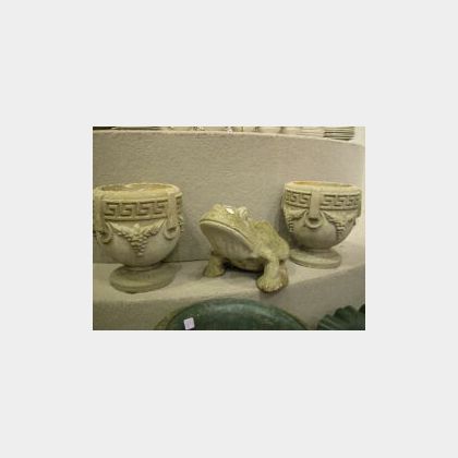 Pair of Cast Stone Urns, Hen Planter and Frog Garden Figure. 