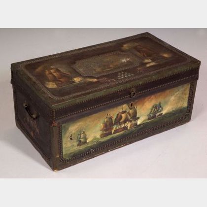 Leather Brass-Bound Paint-Decorated Chest