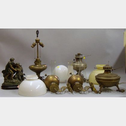 Pair of Brass and Glass Kerosene Sconces and Three Kerosene Lamps