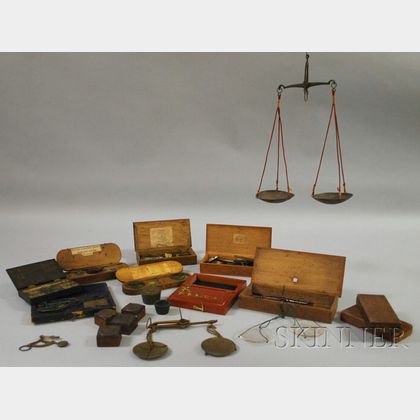 Ten Mostly Wood Boxed Brass and Metal Gold and Coin Scales with Some Weights and Four U.S. Stamps/Seals