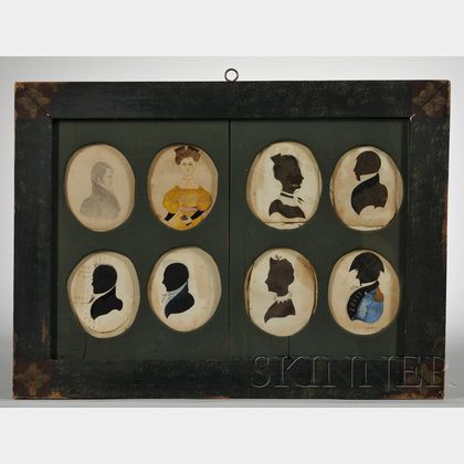 Framed Group of Six Silhouettes and Two Portrait Miniatures
