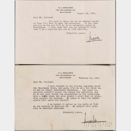 Mencken, Henry Louis (1880-1956) Eight Typed Letters Signed and Two Envelopes, 1934-1938.