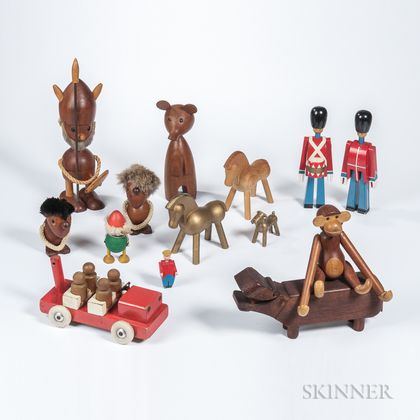 Sixteen Scandinavian Wood Toys Including Kay Bojesen Monkeys