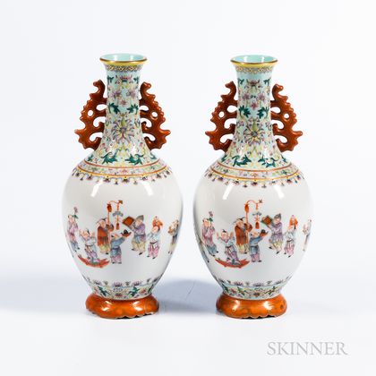 Pair of Famille Rose Enameled Bottle Vases