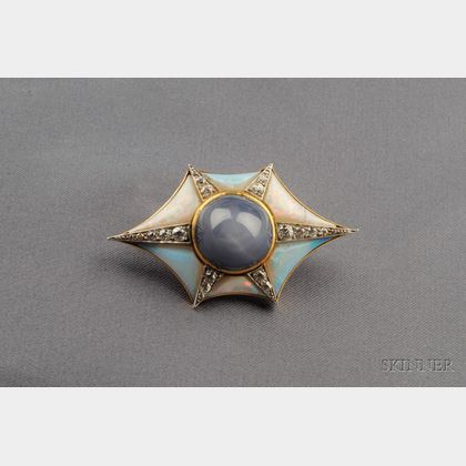 Edwardian Star Sapphire, Opal, and Diamond Brooch