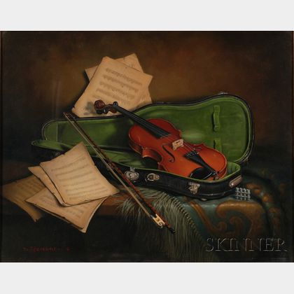 Framed Oil on Canvas Still Life, Old Violin by Dorothy Fitzgerald (American, b. 1932)