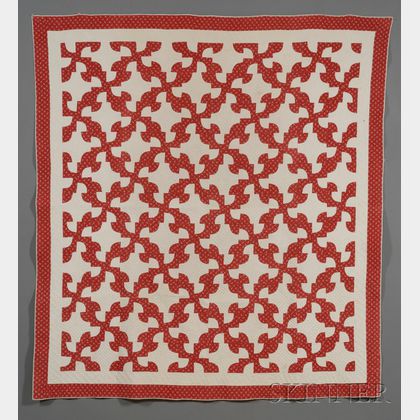 Pair of Red and White Pieced Cotton Drunkard's Path Pattern Quilts