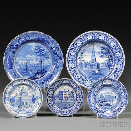 Five Historical Blue Staffordshire Pottery Plates with Boston Views