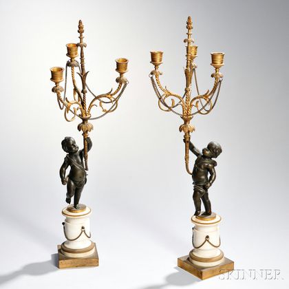Pair of Louis XVI-style Ormolu and Patinated Bronze Three-light Candelabra