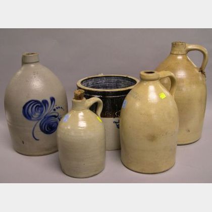 Four Stoneware Jugs and a Crock