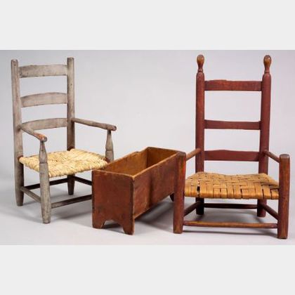 Child's Six-board Chest and Two Slat Back Child's Armchairs