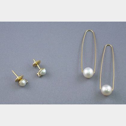 Pair of 18kt Gold and Pearl Earstuds and a Pair of Gold and Pearl Earrings