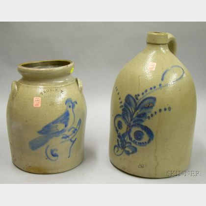 Cobalt Floral Decorated Stoneware Jug and a Troy, N.Y. Pottery Cobalt Bird on Stem Decorated Two-Gallon Stone... 