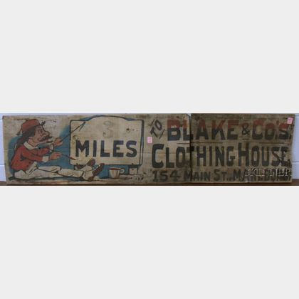 Painted Wood Directional Trade Sign "3 Miles to Blake & Co. Clothing House, 154 Main Marlboro,"