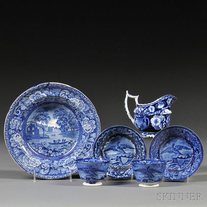 Six Historical Blue and White Transfer-decorated Staffordshire Table Items
