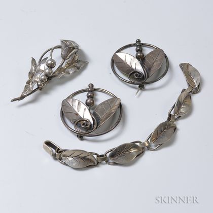 Two Walter Meyer Sterling Silver Brooches, a Georg Jensen Inc. Sterling Silver Brooch, and a Sterling Silver Leaf Bracelet