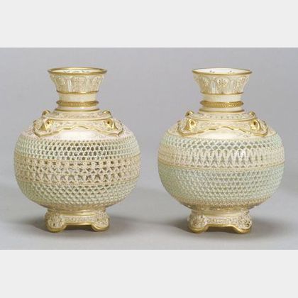 Two Similar Royal Worcester Porcelain Reticulated Vases