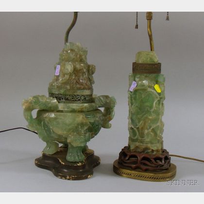 Chinese Carved Fluorite Footed Incense Burner and Vase Converted to Table Lamps. 