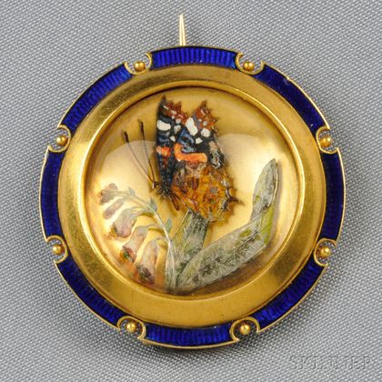 Antique 18kt Gold and Reverse-painted Crystal Brooch