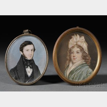 American/Continental School Portrait Miniatures of a Young Lady Wearing a Lacy Cap and a Young Man in Black.