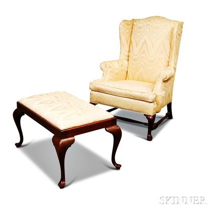 Queen Anne-style Upholstered Mahogany Wing Chair and Ottoman. Estimate $60-80