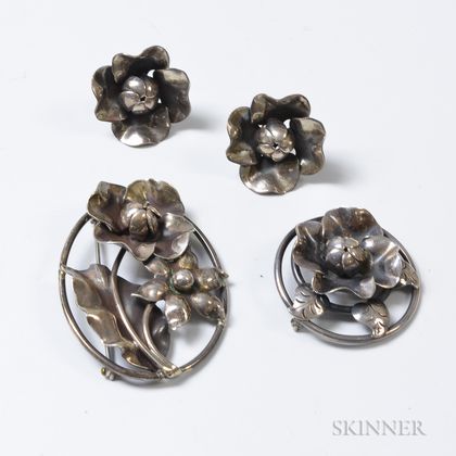 Two Attributed to Walter Meyer for Georg Jensen Sterling Silver Floral Brooches and a Pair of Similar Earclips