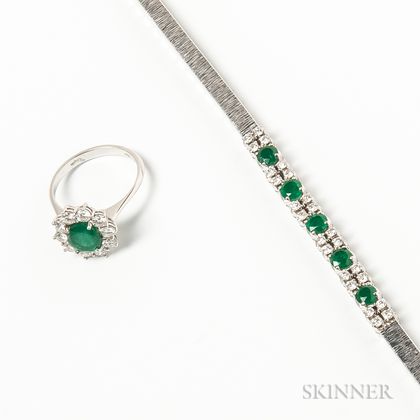 18kt White Gold, Emerald, and Diamond Bracelet and Ring