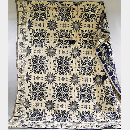 Blue and White Double Rose Coverlet with Eagle Border