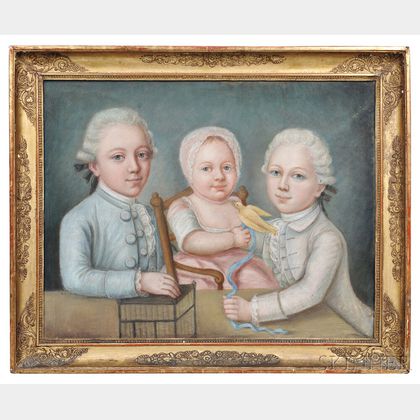 French School, Late 18th Century Portrait of Three Children and Their Pet Canary