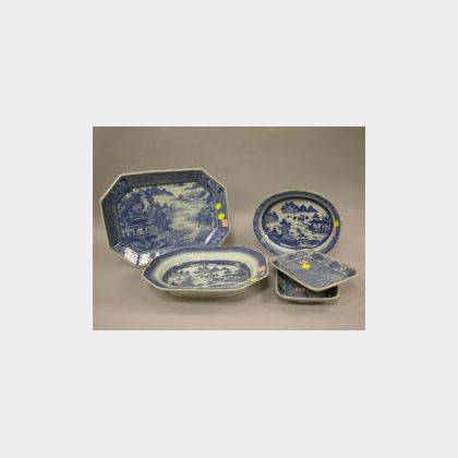 Five Canton and Chinese Blue and White Porcelain Platters. 