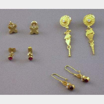 Pair of 18kt and a Pair of 22kt Gold and Ruby Earrings, a Pair of 22kt Gold and Diamond Earrings, and a Pair of... 