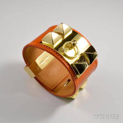 Hermes Orange Leather Cuff Bracelet