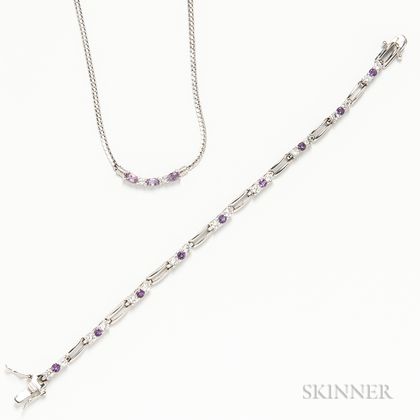 Sterling Silver, Amethyst, and Diamond Bracelet and Necklace