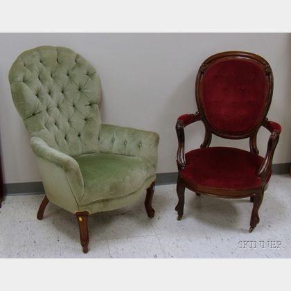 Two Victorian Upholstered Carved Walnut Parlor Armchairs. 