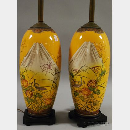 Pair of Japanese Satsuma Yellow Ground Vases with Hand-painted Praying Mantis and Floral, and Mt. Fuji Decoration